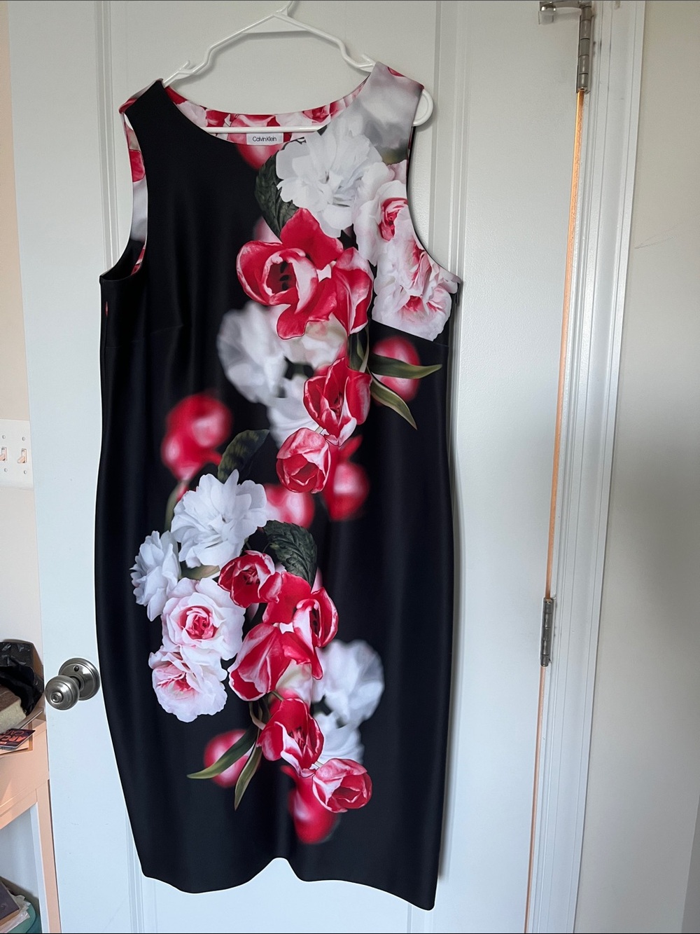 Calvin Klein Black Sheath Dress with Red & White Floral Print